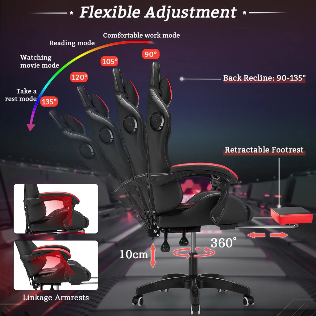 Nouveauté 2026 – Fauteuil de jeu Hoffree avec haut-parleurs intégrés, en cuir PU, repose-pieds et éclairage LED. Fauteuil ergonomique pour gamer avec massage, soutien lombaire et appui-tête pivotant et réglable. Idéal pour le télétravail et le bureau
