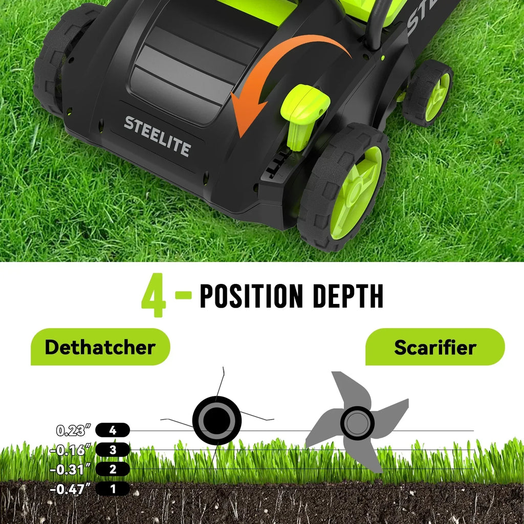Nouveauté 2026 – Scarificateur et déchaumeur électrique 2 en 1 Steelite , 33 cm (13 pouces), 12 A, avec sac de ramassage amovible de 30 litres (8 gallons), pour pelouse, jardin et cour