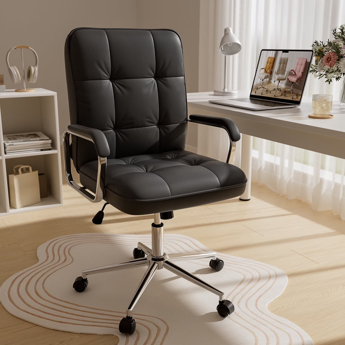 Nouveauté 2026 – Fauteuil de bureau Solfway blanc , fauteuil de bureau pivotant en cuir avec roulettes et accoudoirs rembourrés, fauteuil de direction pour adultes