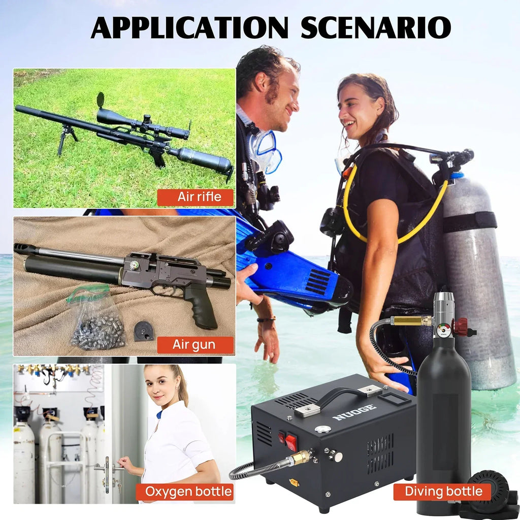 Nouveauté 2026 – Compresseur d'air NUOGE PCP , 4500 psi, 12 V CC ou 110 V CA avec convertisseur, pour bouteilles de paintball/plongée