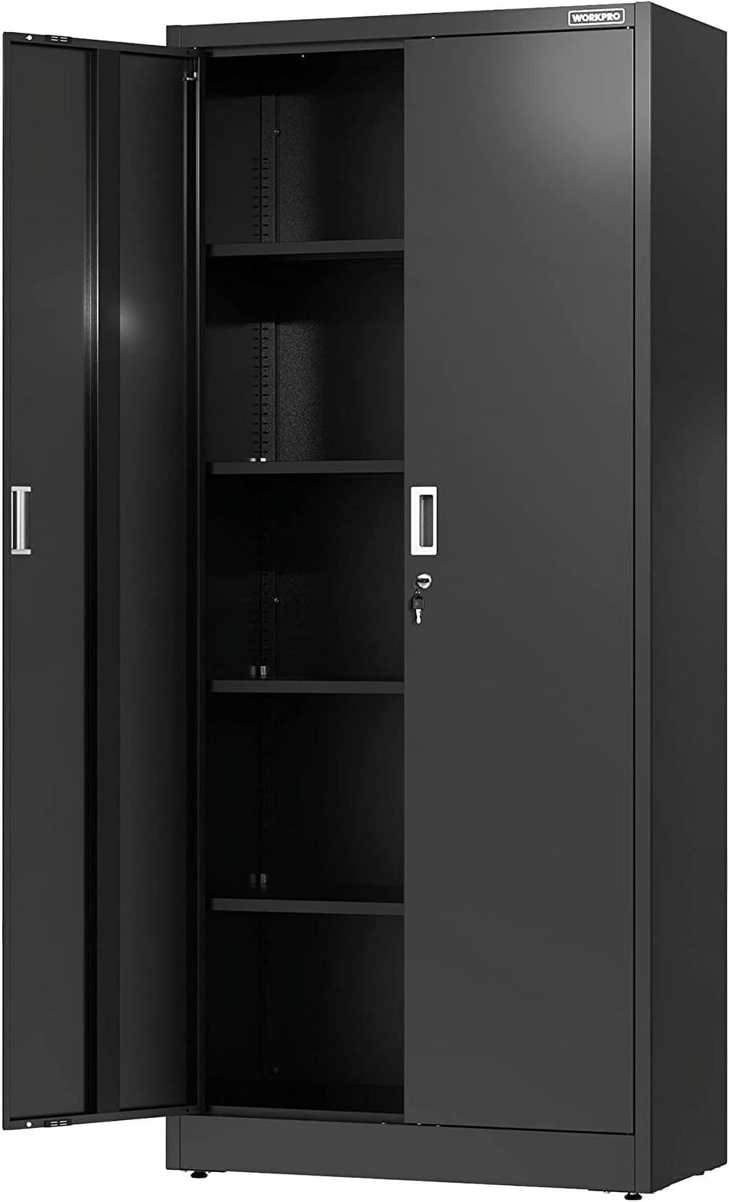 Nouveauté 2026 – Armoire de rangement métallique WORKPRO avec portes verrouillables et étagères réglables, hauteur 180 cm (71 pouces), idéale pour les outils, le bureau, la maison et les ateliers (noir), emballage soigné