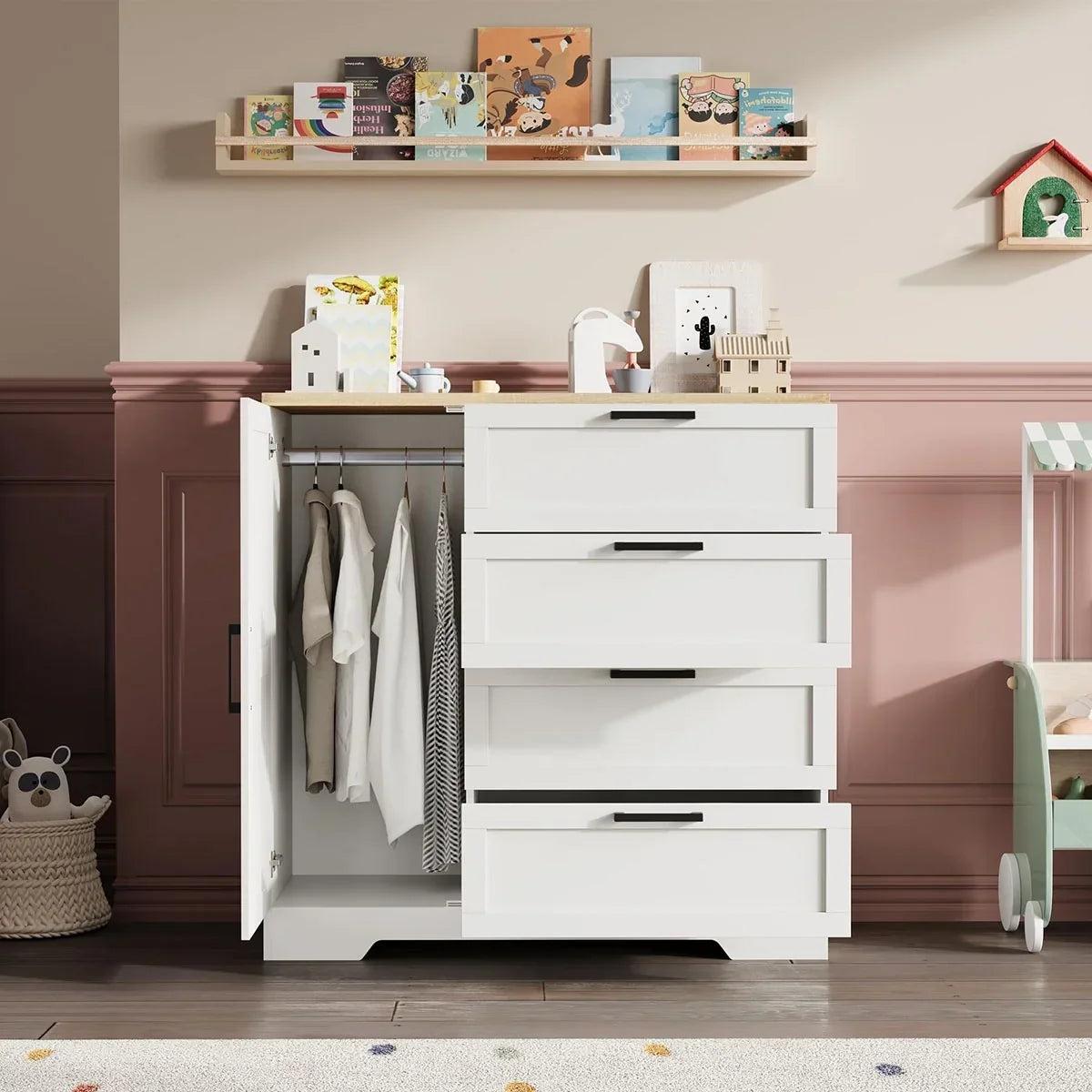 Nouveauté 2026 – Armoire-penderie en bois Ataucjin avec 4 tiroirs et une porte, hauteur 110 cm (43,3 po), avec tringle, rangement pour vêtements, commode à 4 tiroirs avec placard de rangement