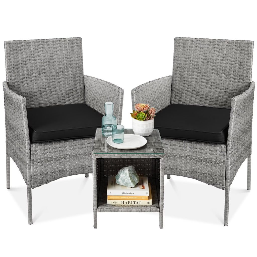 Nouveauté 2026 – Ensemble bistro de jardin 3 pièces en résine tressée Best Choice Products , avec 2 chaises et une table - Gris/Bleu marine