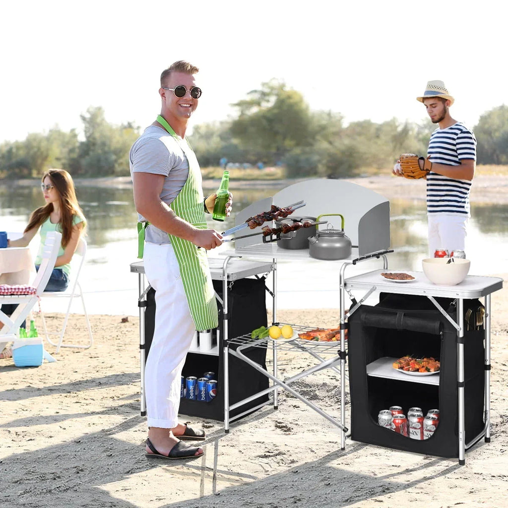 Nouveauté 2026 – Table de barbecue pliante et portable en aluminium Goplus avec rangement et pare-vent, noire