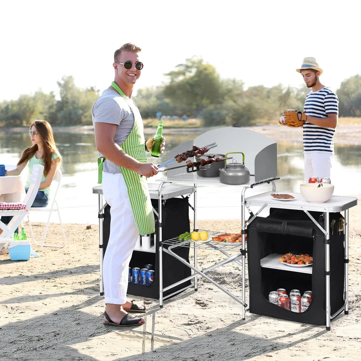 Nouveauté 2026 – Table de barbecue pliante et portable en aluminium Goplus avec rangement et pare-vent, noire