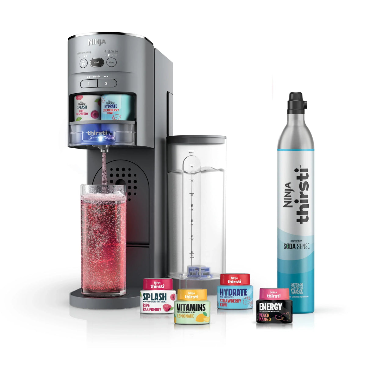 Nouveauté 2026 – Système de boissons Ninja Thirsti : kit complet de personnalisation pour boissons plates et gazeuses avec cartouche de CO2, arômes et réservoir de 1,4 litre