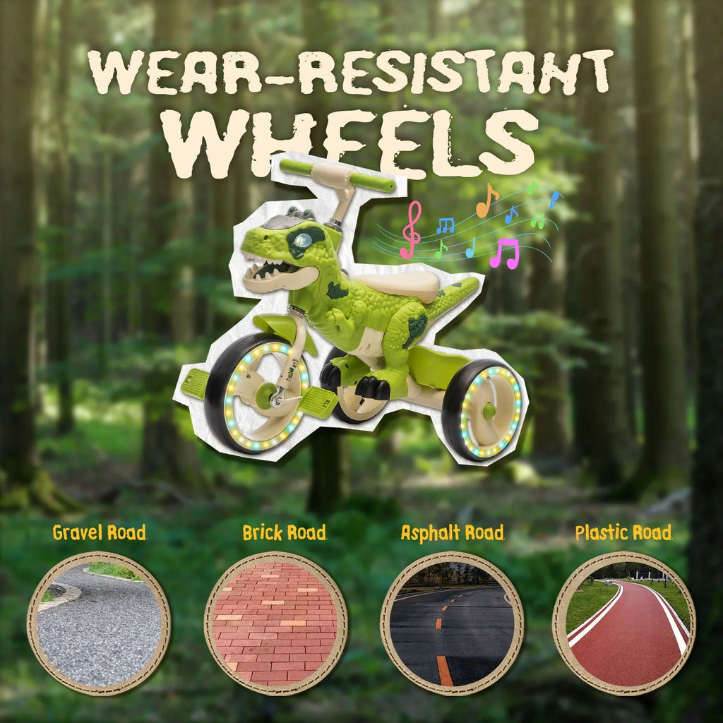 Nouveauté 2026 – Tricycle dinosaure Xuanlur pour enfants , avec larges roues lumineuses, pédales antidérapantes, panier arrière, musique et lumières LED, jouet idéal pour les enfants de 3 à 6 ans (vert