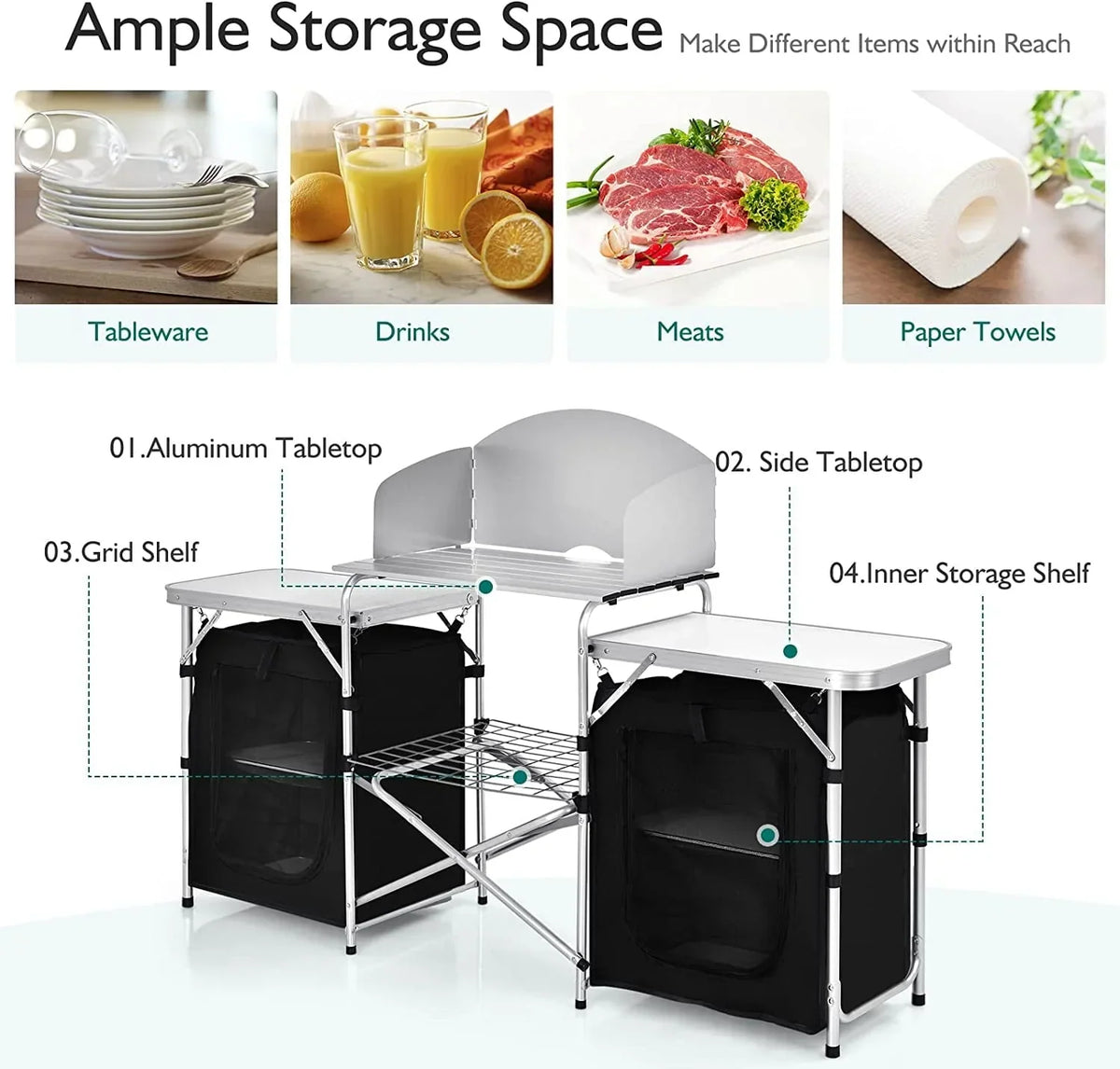 Nouveauté 2026 – Table de cuisine de camping Camping avec rangement, table de cuisson extérieure portable en aluminium avec pare-vent, table de camping pliable pour barbecue, grillades, fêtes et pique-niques