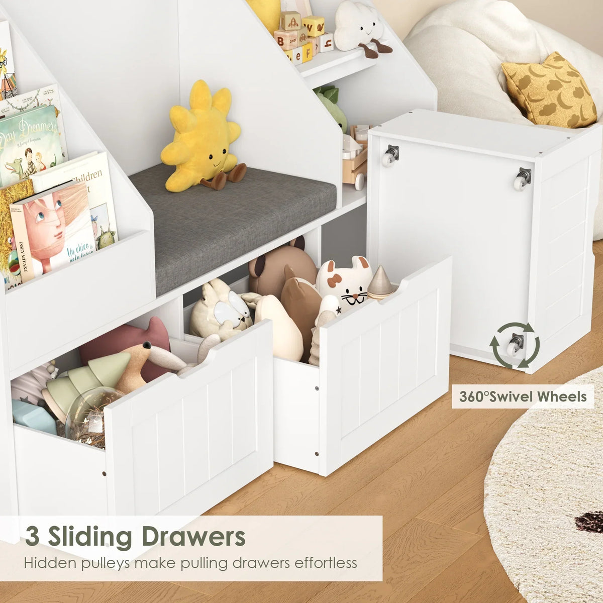 Nouveauté 2026 – Bibliothèque pour enfants Homfa avec coin lecture et 3 tiroirs amovibles, bibliothèque à 2 cubes avec étagères à livres à 4 niveaux, rangement pour jouets et jouets, idéale pour la chambre ou la salle de jeux, blanche