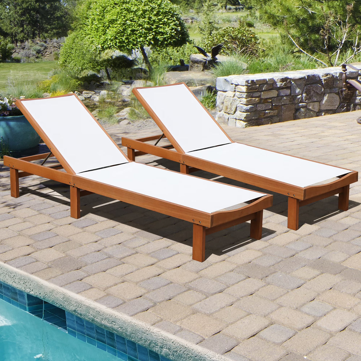 Nouveauté 2026 – Chaise longue inclinable en bois Gymax 2PCS pour patio avec dossier réglable