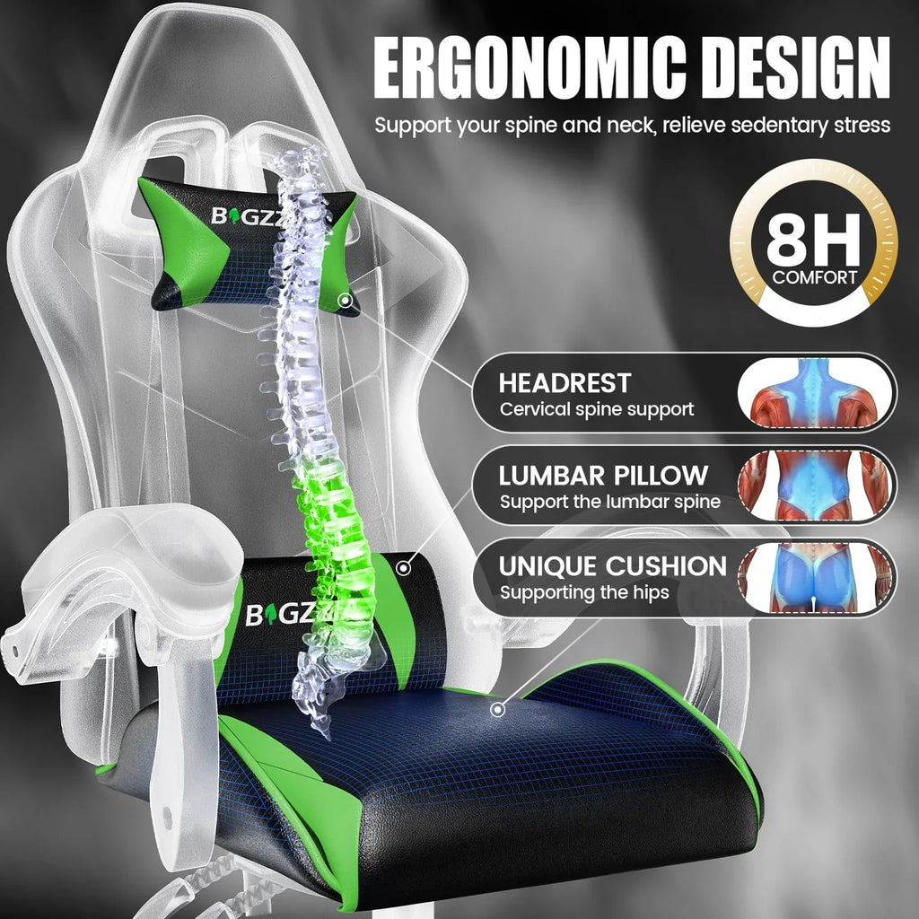 Nouveauté 2026 – Chaise de jeu Bigzzia , chaise de bureau ergonomique avec appui-tête et soutien lombaire réglables en hauteur, pour adultes et adolescents, noir et blanc