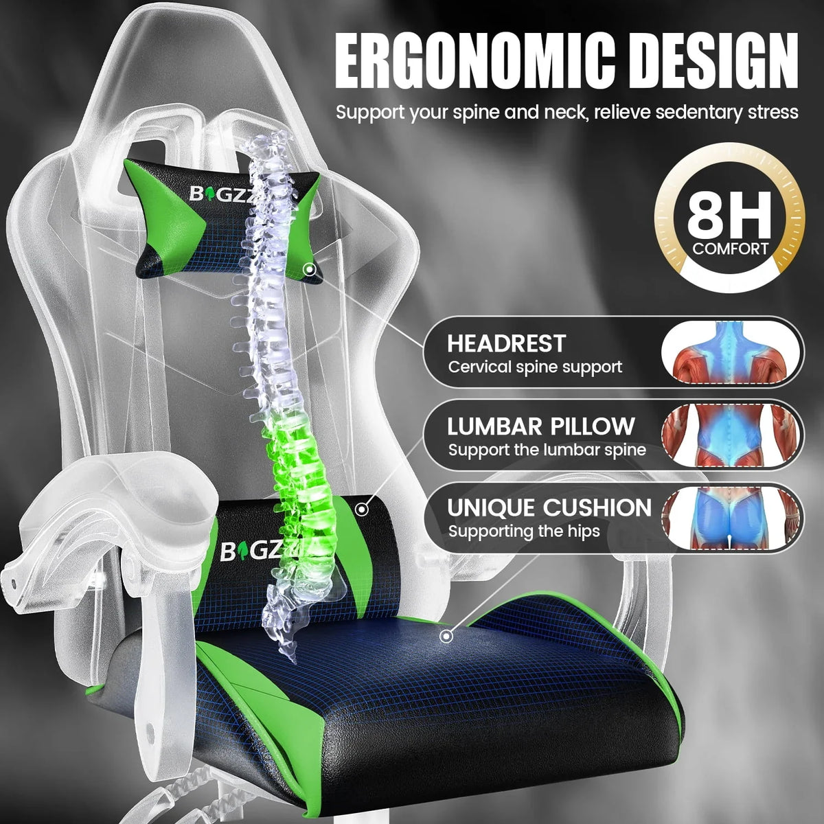 Nouveauté 2026 – Chaise de jeu Bigzzia , chaise de bureau ergonomique avec appui-tête et soutien lombaire réglables en hauteur, pour adultes et adolescents, noir et blanc