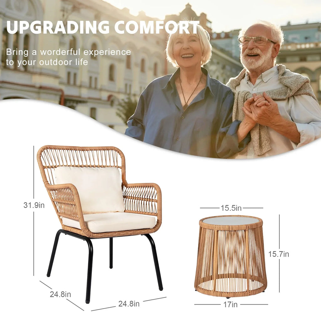 Nouveauté 2026 – Ensemble bistro de conversation 3 pièces Tappio pour patio, mobilier de jardin en rotin, table basse en verre et coussins, jaune/beige, idéal pour le jardin, le balcon, la terrasse ou la piscine