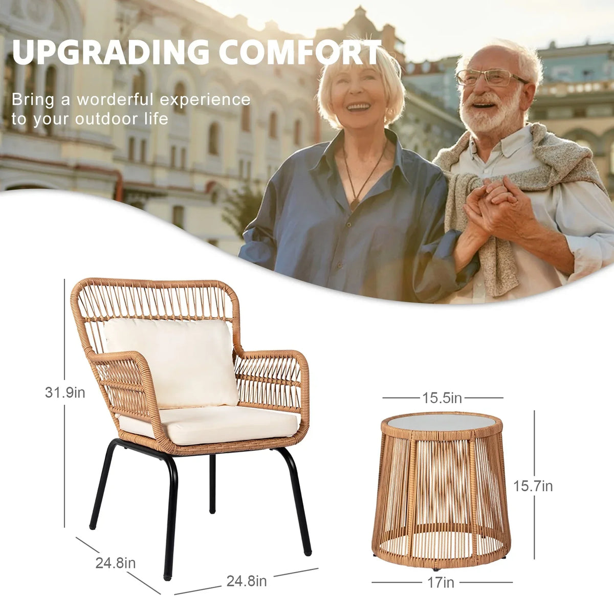 Nouveauté 2026 – Ensemble bistro de conversation 3 pièces Tappio pour patio, mobilier de jardin en rotin, table basse en verre et coussins, jaune/beige, idéal pour le jardin, le balcon, la terrasse ou la piscine