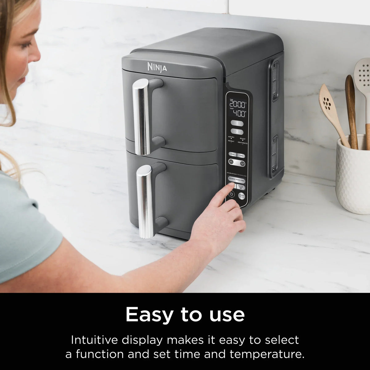 Nouveauté 2026 – Friteuse à air Ninja DoubleStack XL à 2 paniers, technologie DoubleStack permettant de cuire 4 aliments simultanément, conception compacte, 10 pintes, 4 en 1, Smart Finish & Match Cook, SL400