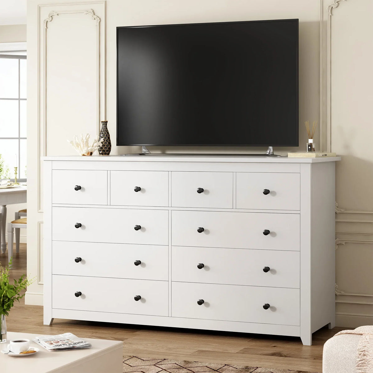 Nouveauté 2026 – Commode blanche EnHomee pour chambre à coucher, 10 tiroirs, commode moderne en bois, commode large pour adultes