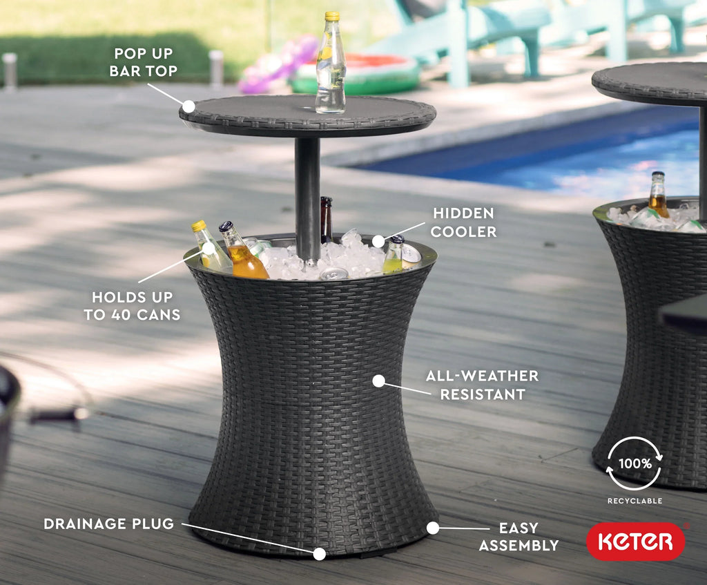Nouveauté 2026 – Table d'appoint et bar isotherme Keter Pacific Cool Bar 2 en 1 de 28 litres (7,5 gallons), résistante aux intempéries, en résine durable, aspect rotin marron