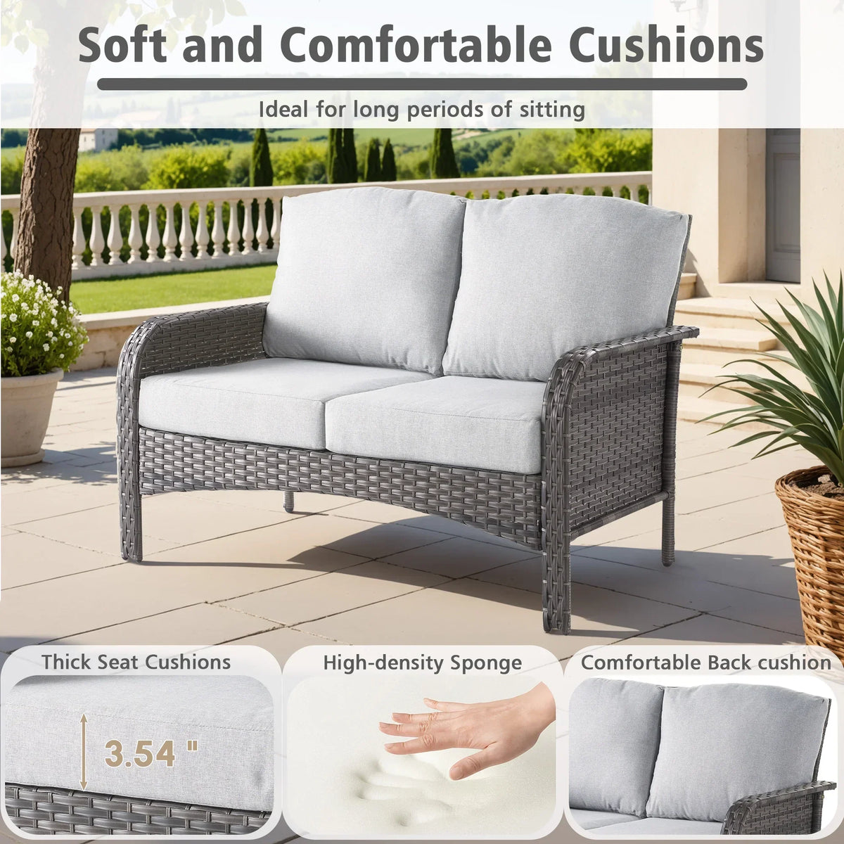 Nouveauté 2026 – Ensemble de mobilier de jardin 5 pièces Ovios , comprenant fauteuils pivotants et table basse, en résine tressée résistante aux intempéries, gris foncé