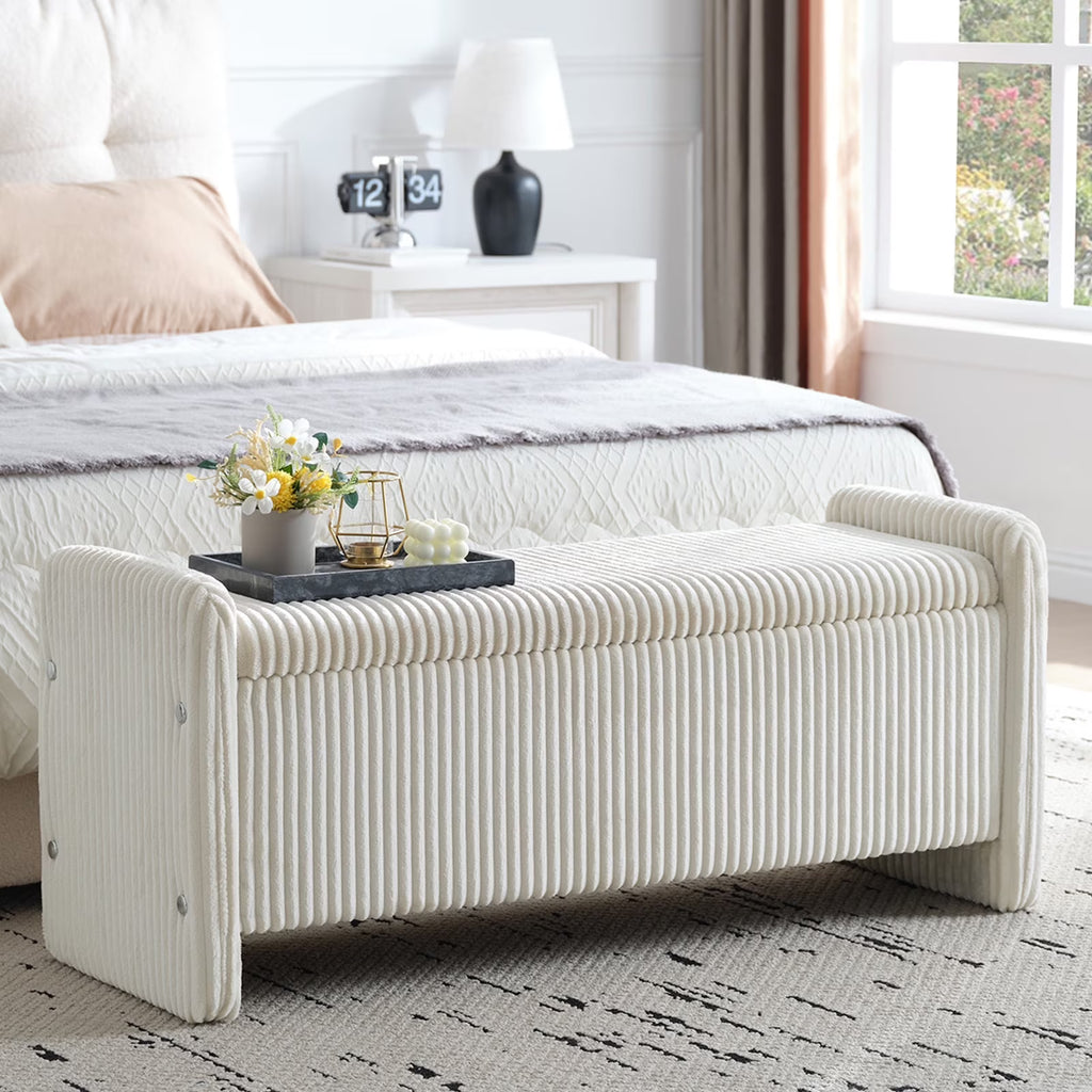 Nouveauté 2026 – Banc coffre Pinmoco de 112 cm (44 po), banc d'entrée rembourré avec rangement, idéal pour la chambre et le salon, en velours côtelé gris
