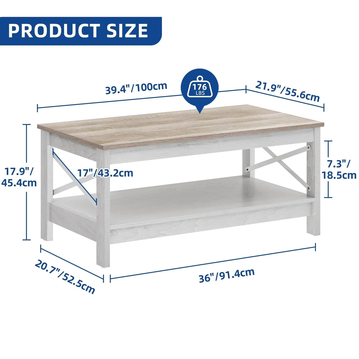Nouveauté 2026 – Table basse Moasis Farmhouse avec rangement, table centrale à 2 niveaux pour salon, plateau gris délavé et blanc