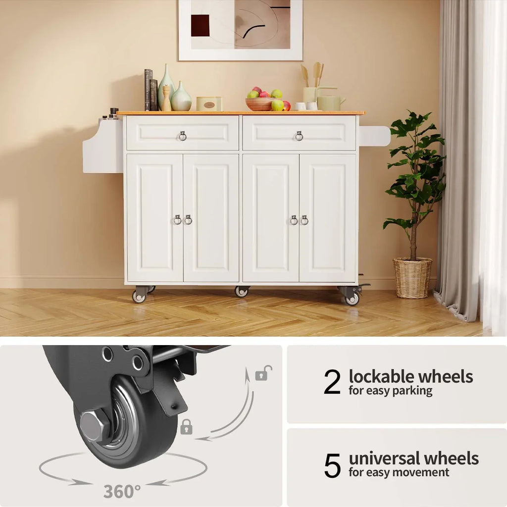 Nouveauté 2026 – Îlot de cuisine Lofka 52 pouces (132 cm) avec rangement sur roulettes et abattant en bois, idéal pour les petites cuisines