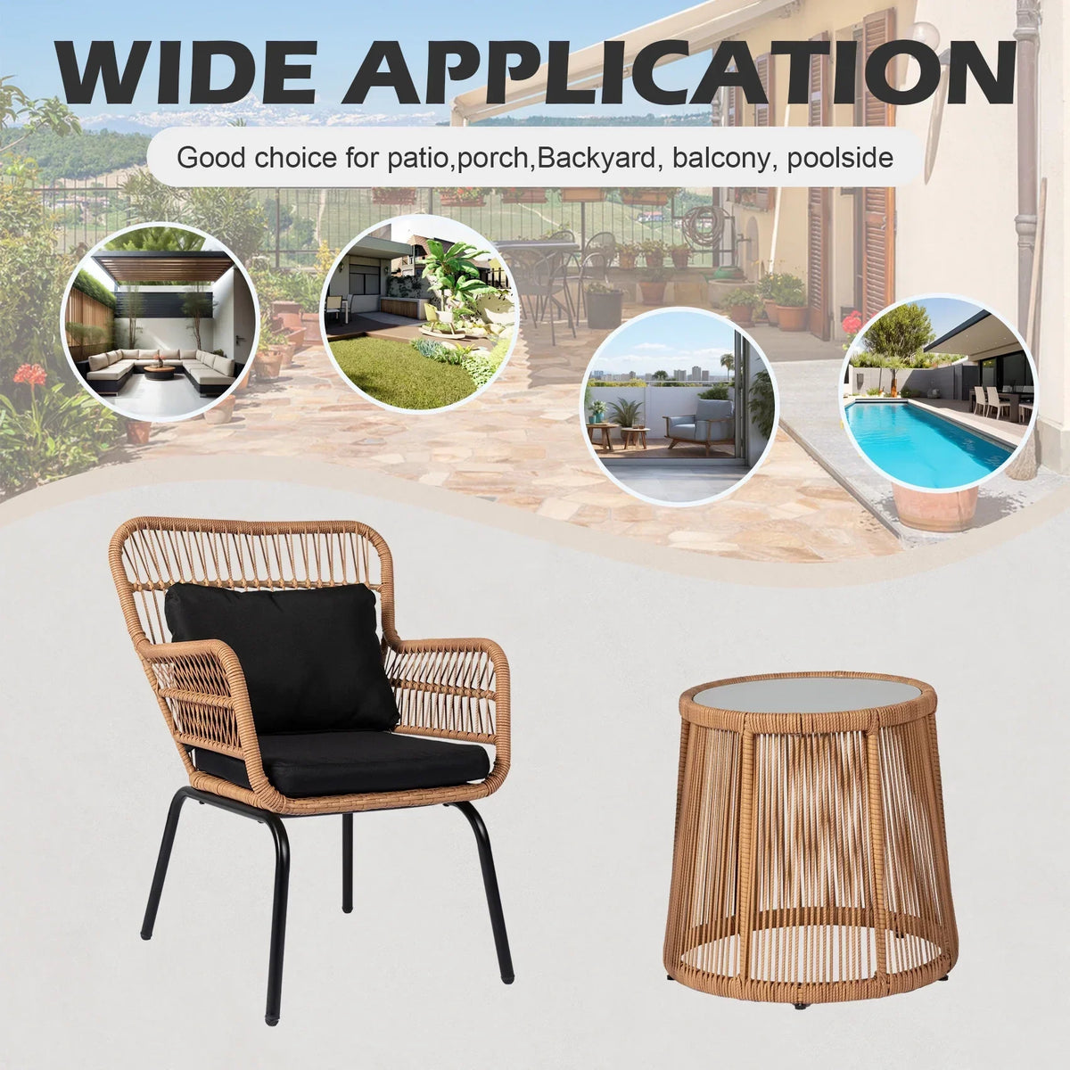 Nouveauté 2026 – Ensemble bistro de conversation 3 pièces Tappio pour patio, mobilier de jardin en rotin, table basse en verre et coussins, jaune/beige, idéal pour le jardin, le balcon, la terrasse ou la piscine