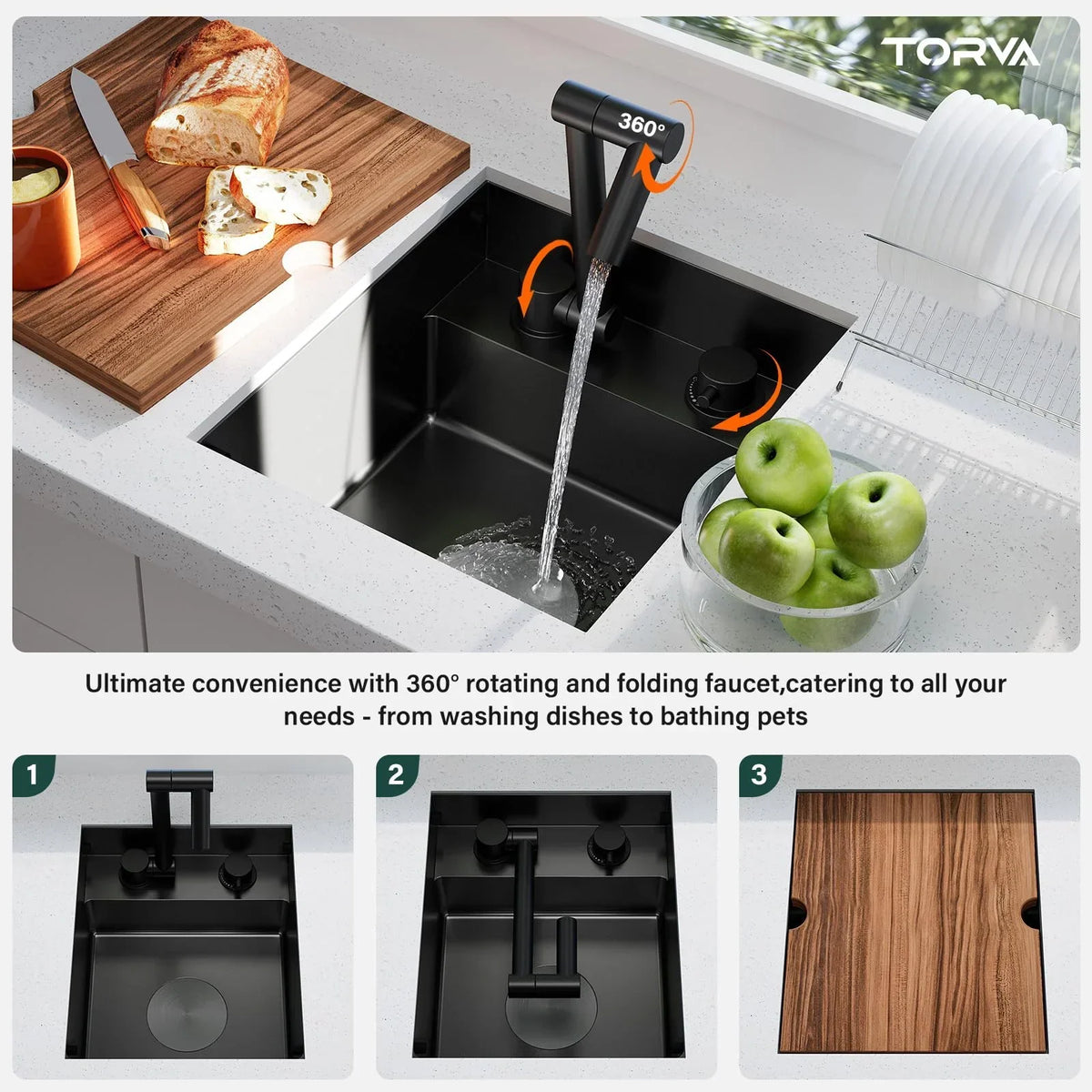 Nouveauté 2026 – Évier de cuisine pour VR TORVA , 33 x 38 x 18 cm, encastré sous plan, en acier inoxydable de calibre 16, à une cuve, avec robinet pliable et planche à découper, gris foncé
