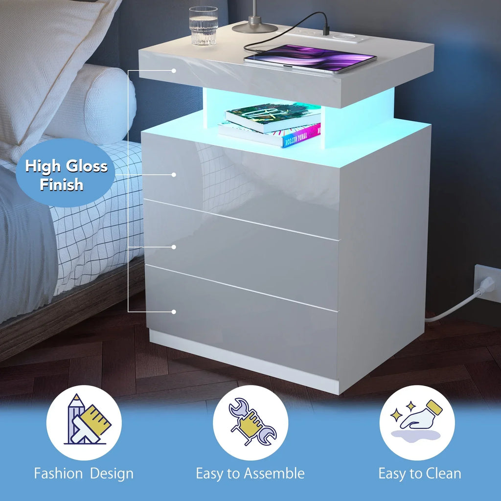 Nouveauté 2026 – Table de chevet LED Hommpa avec station de charge sans fil, ports USB Type-C, 3 tiroirs, finition laquée noire, style moderne et élégant, hauteur 68 cm (26,8 pouces). Idéale pour la chambre à coucher