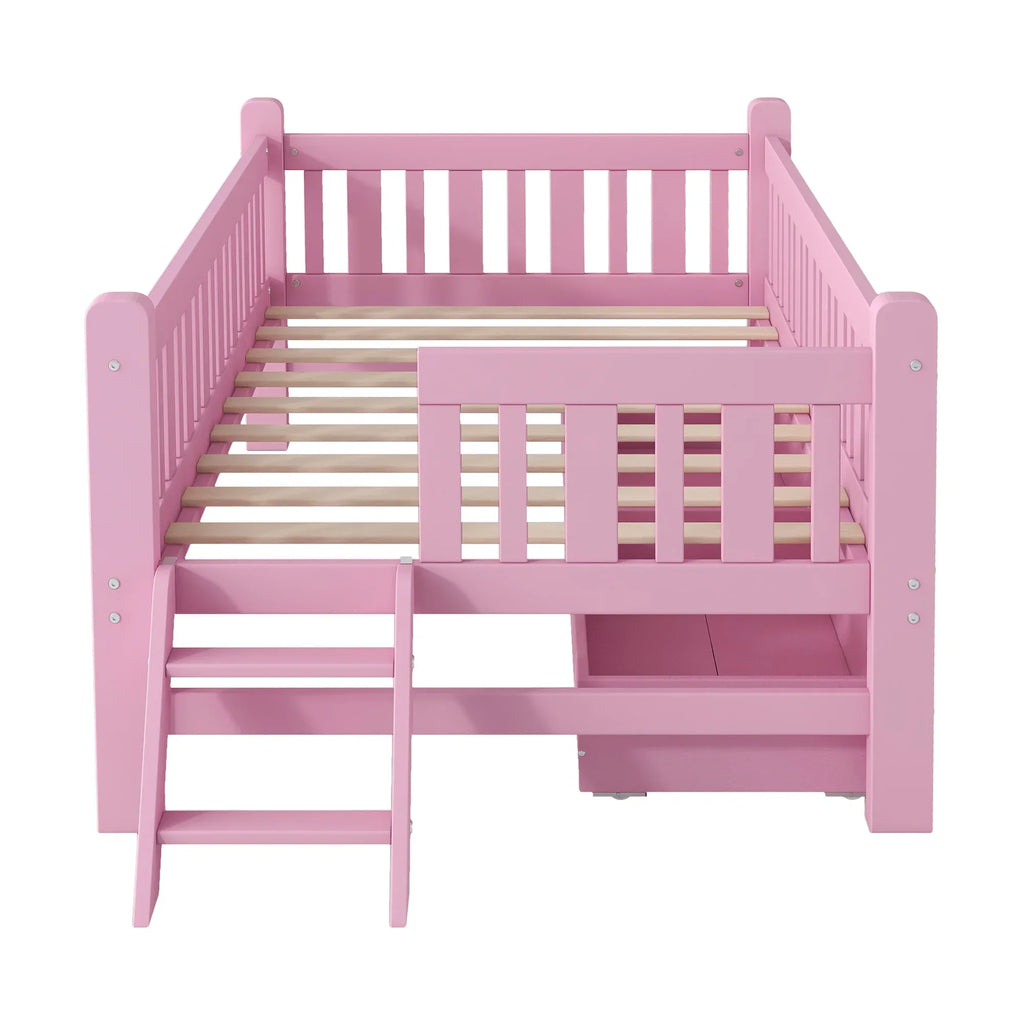 Nouveauté 2026 – Lit plateforme Euroco en bois, taille simple, avec 2 tiroirs et échelle, pour enfants et tout-petits, blanc