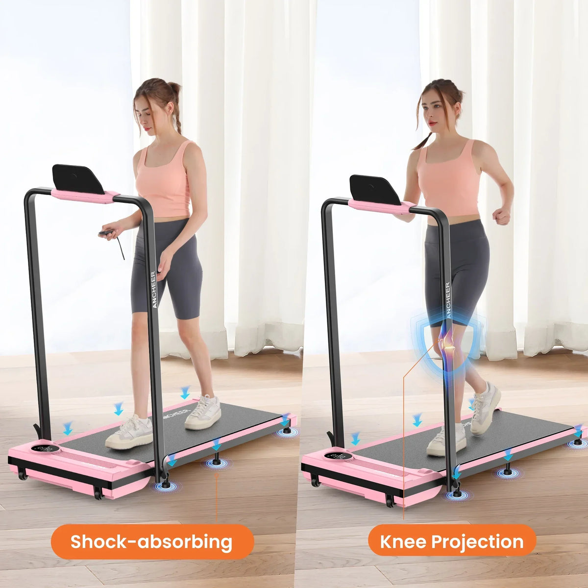 Nouveauté 2026 – Tapis de marche pliable et portable ANCHEER , capacité de 136 kg (300 lb), vitesse de 12 km/h (7,5 mi/h), à placer sous un bureau, avec télécommande et écran LED, 2 en 1, pour la maison, le bureau ou l'exercice (rose