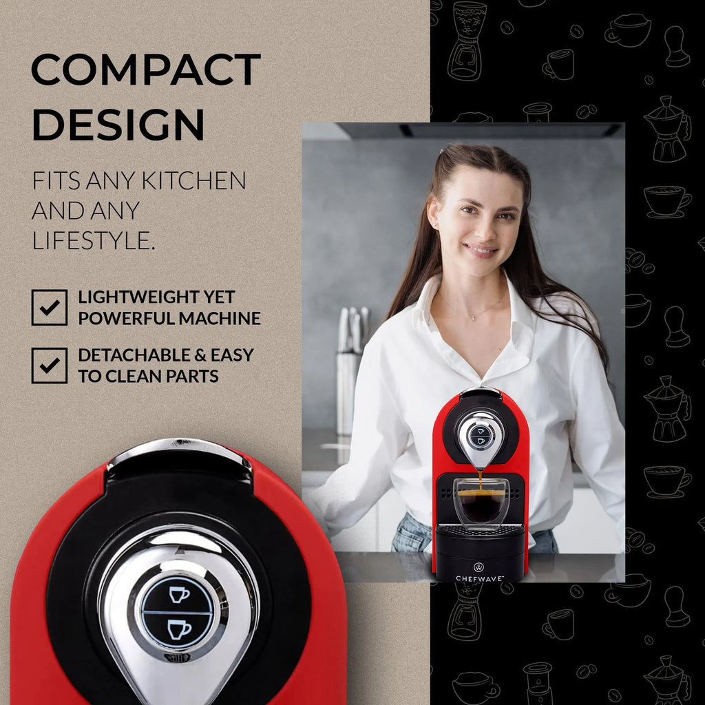 Nouveauté 2026 – Machine à expresso ChefWave pour capsules Nespresso (rouge), porte-capsules et tasses inclus