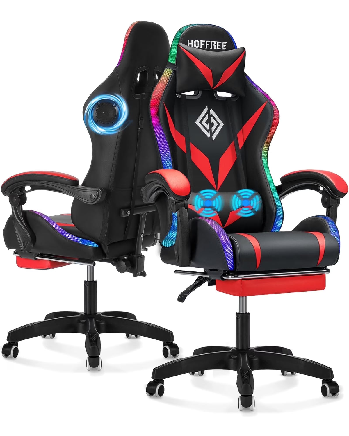 Nouveauté 2026 – Fauteuil de jeu Hoffree avec haut-parleurs intégrés, en cuir PU, repose-pieds et éclairage LED. Fauteuil ergonomique pour gamer avec massage, soutien lombaire et appui-tête pivotant et réglable. Idéal pour le télétravail et le bureau