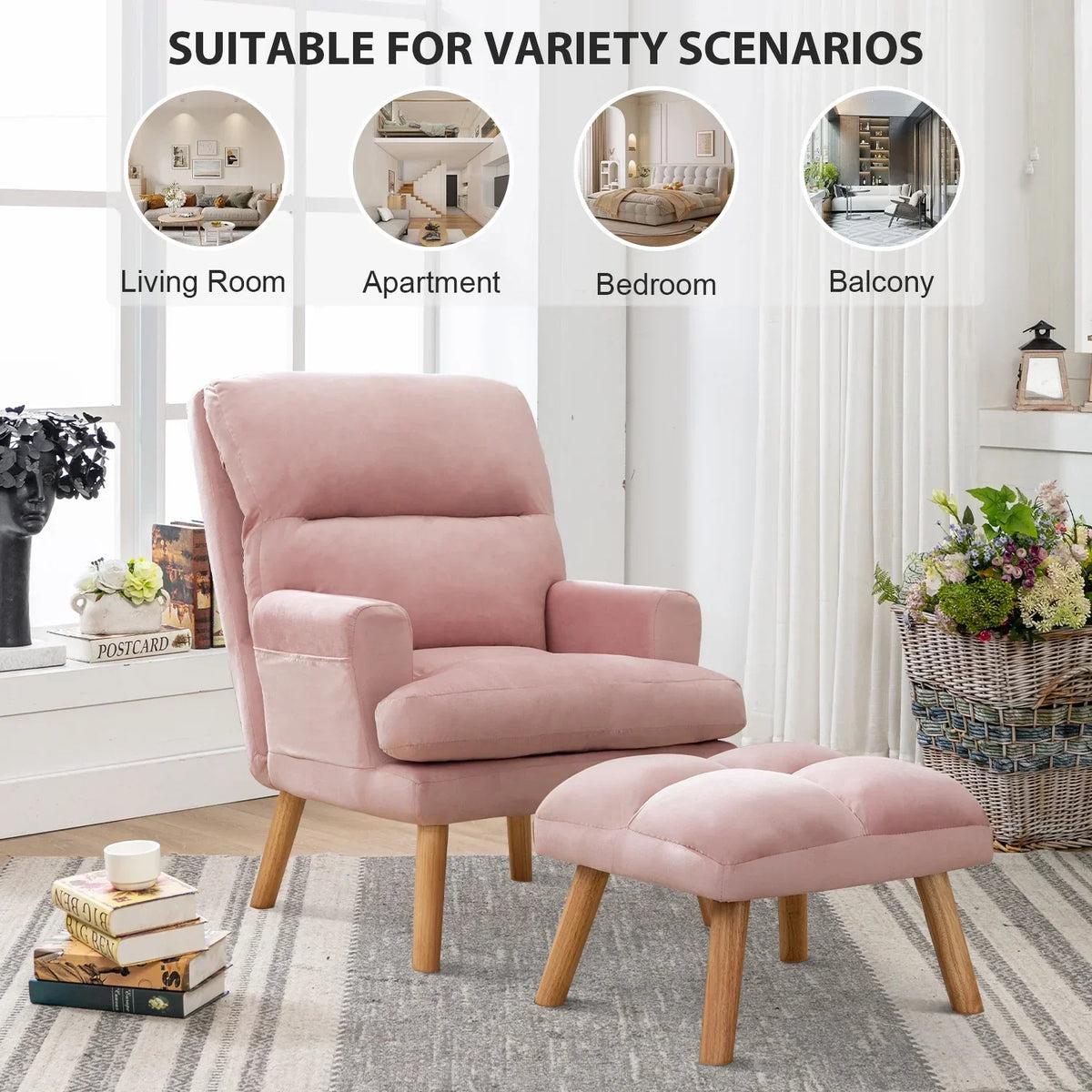 Nouveauté 2026 – Fauteuil d'appoint réglable Betier avec repose-pieds, fauteuil en velours pour chambre ou salon, fauteuil lounge confortable avec dossier rembourré et poche latérale, fauteuil de lecture moelleux, beige