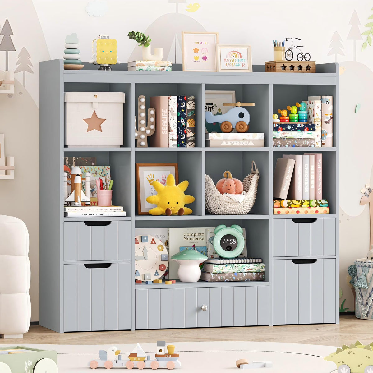 Nouveauté 2026 – Coffre de rangement pour jouets Homfa avec compartiments, tiroirs amovibles, bibliothèque pour chambre ou salon, gris
