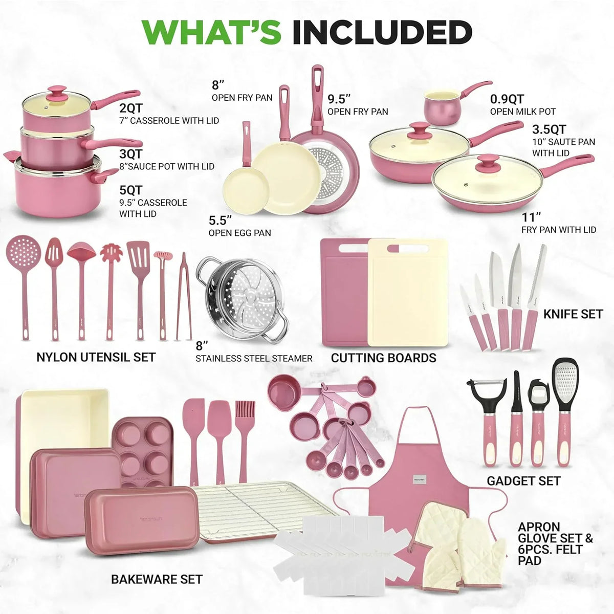Nouveauté 2026 – Ensemble de cuisine 54 pièces – Ensemble complet de casseroles et poêles en céramique antiadhésive avec ustensiles, moules à pâtisserie et couteaux, compatible gaz, électrique et induction, rose poudré – Indispensables pour la cuisin