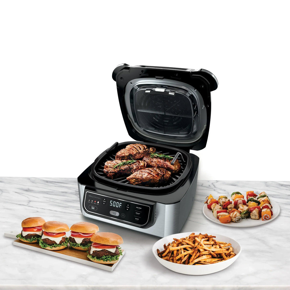 Nouveauté 2026 – Gril d'intérieur 4 en 1 Ninja Foodi avec friteuse à air de 4 pintes, rôtissage, cuisson au four et technologie de grillage cyclonique, noir/inox