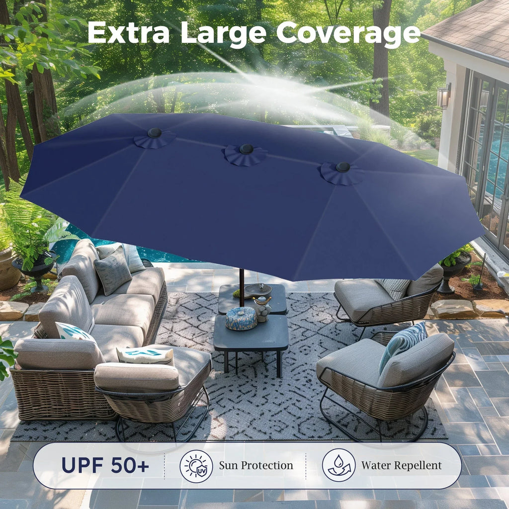 Nouveauté 2026 – Parasol de jardin extra-large Alpha Joy 4,57 m (15 pi) à double face avec manivelle et base - Gris fumé
