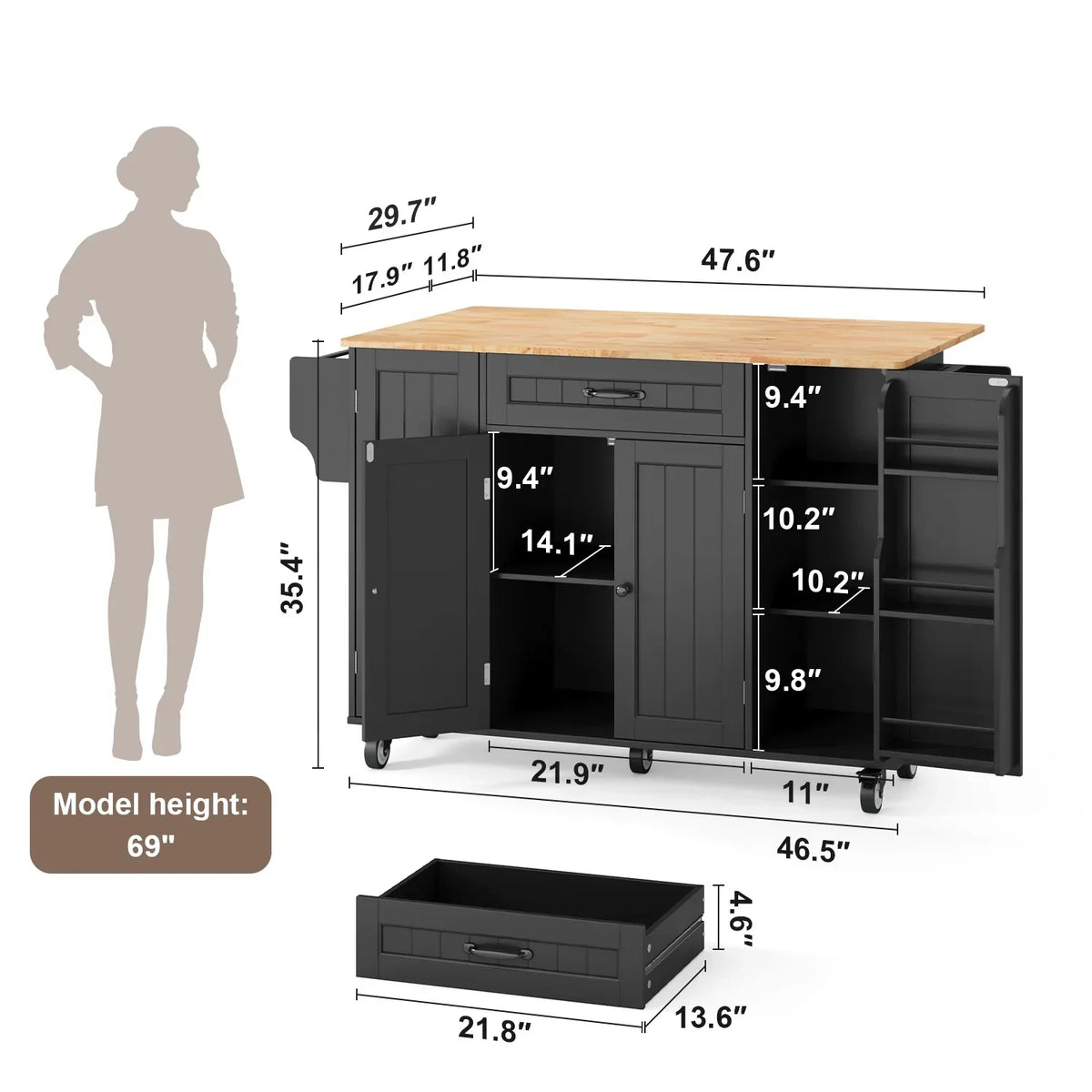 Nouveauté 2026 – Îlot de cuisine Noelse avec rangements, table d'appoint rabattable, porte-épices et porte-serviettes pour petites cuisines, blanc