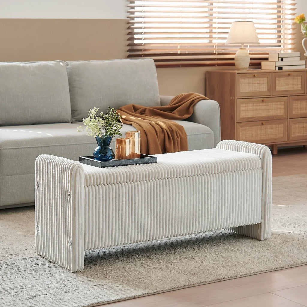 Nouveauté 2026 – Banc coffre Pinmoco de 112 cm (44 po), banc d'entrée rembourré avec rangement, idéal pour la chambre et le salon, en velours côtelé gris