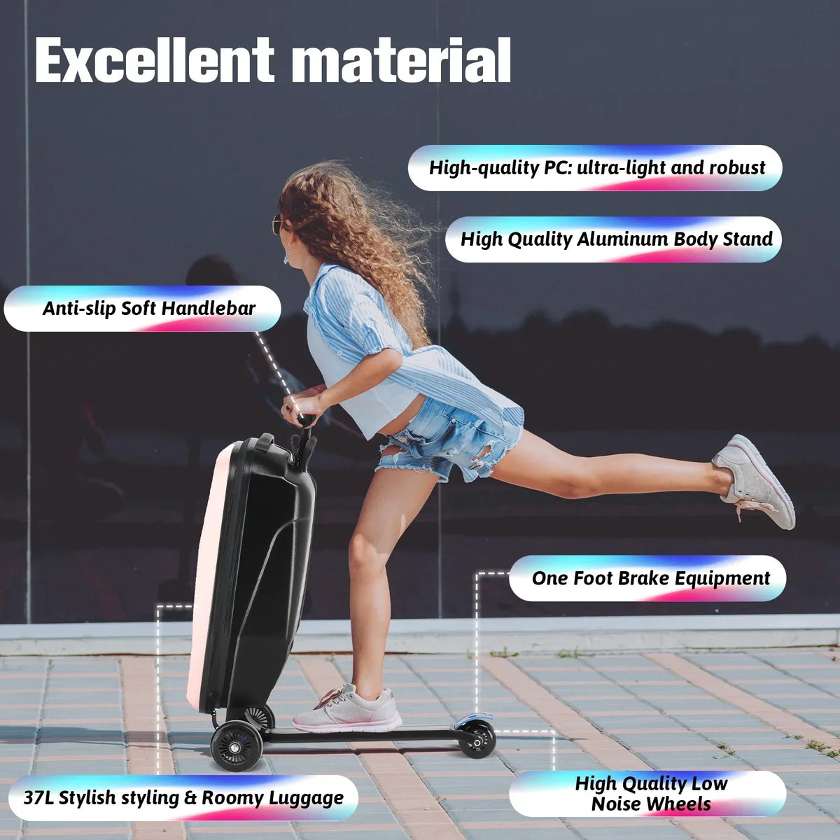 Nouveauté 2026 – Valise-trottinette Advwin pour enfants et adultes, valise rigide à roulettes pour enfants de 4 à 15 ans, multifonctionnelle, légère et pliable, avec roulettes, rose