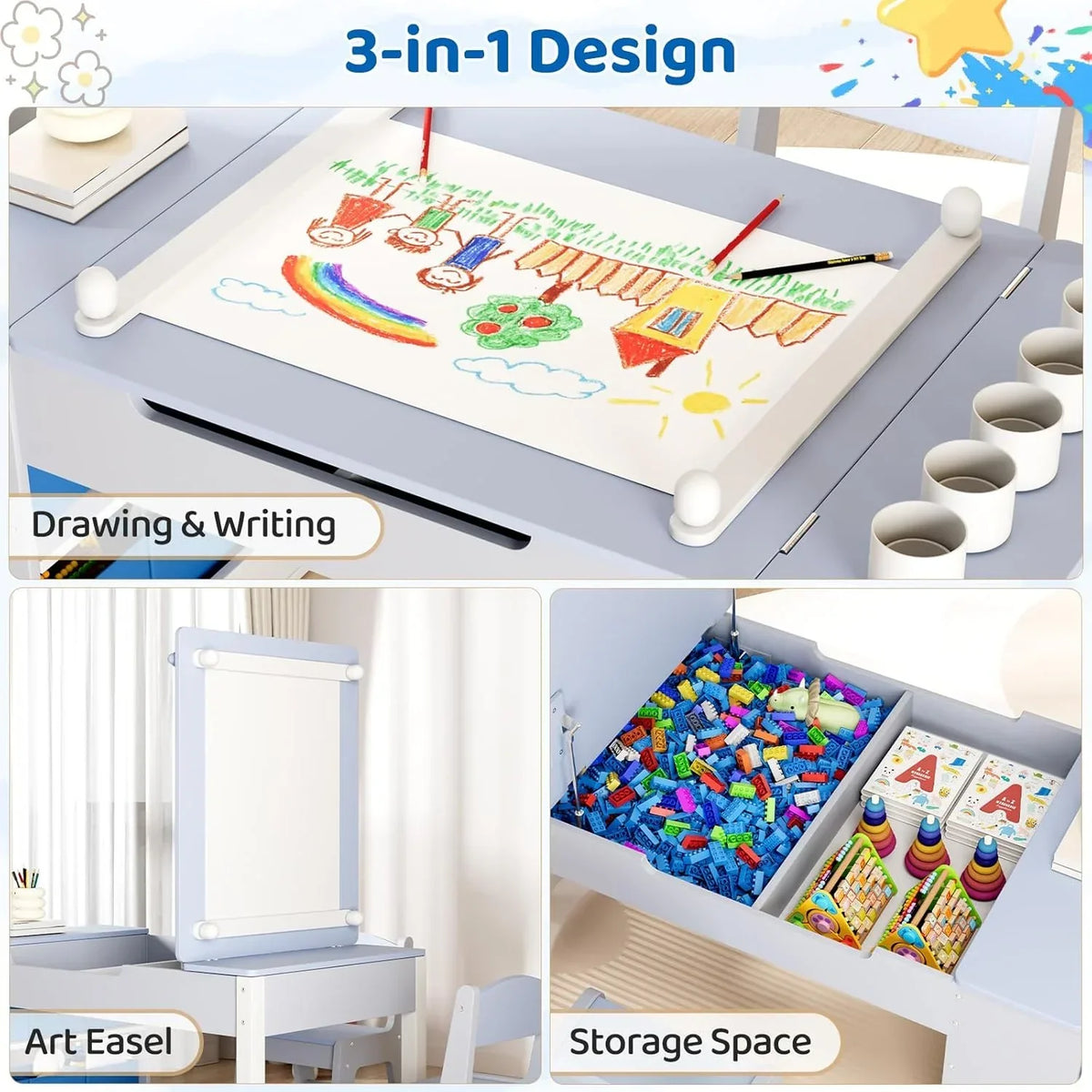 Nouveauté 2026 – Ensemble table et 2 chaises LAZY BUDDY pour enfants , chevalet 2 en 1 et table de bricolage pour tout-petits avec bacs de rangement, gobelets de peinture et rouleau de papier, idéal pour les enfants de 3 ans et plus