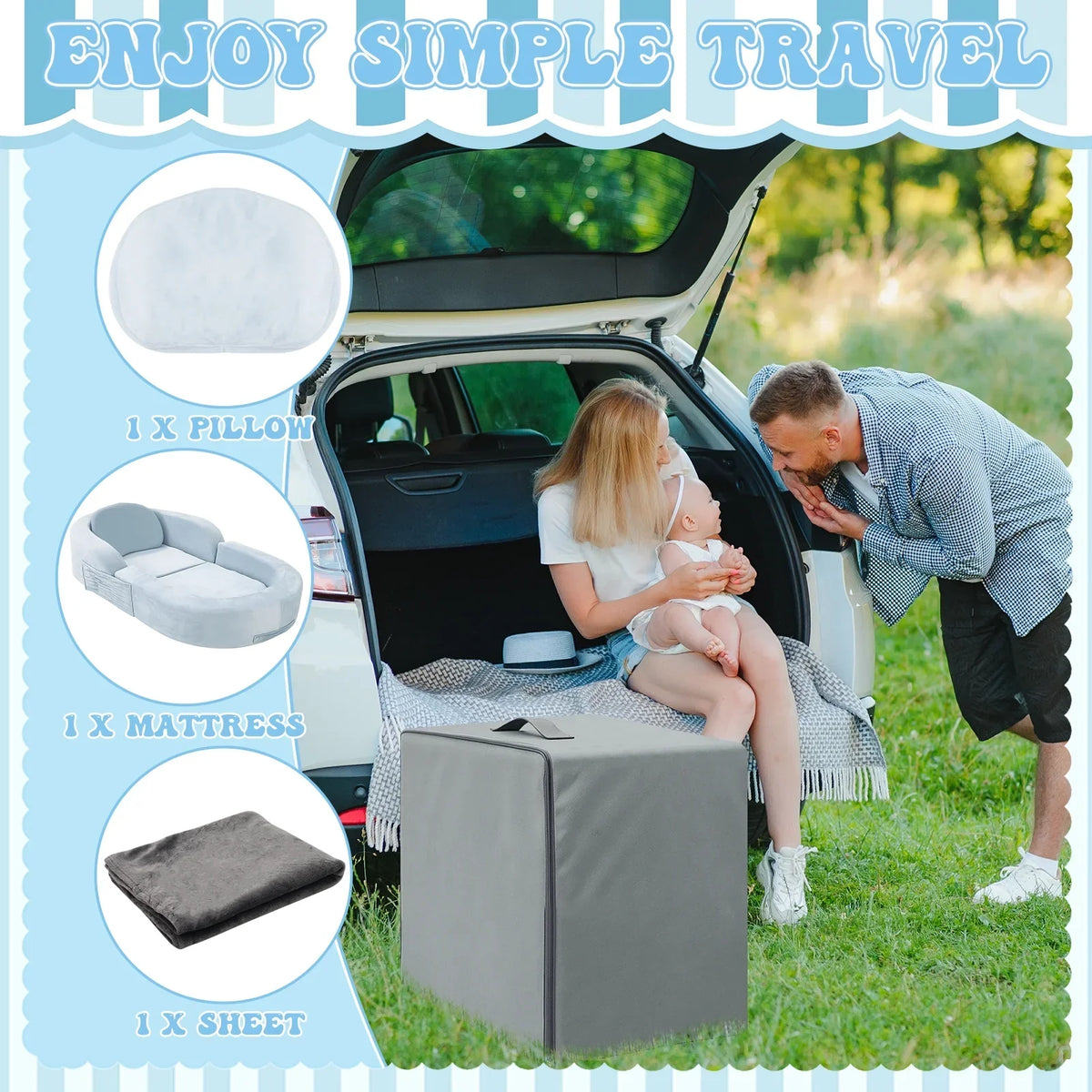 Nouveauté 2026 – Lit de voyage pour tout-petits Coumy 2-en-1 avec housse amovible, matelas pliable et portable en mousse souple, sac de transport inclus, bleu