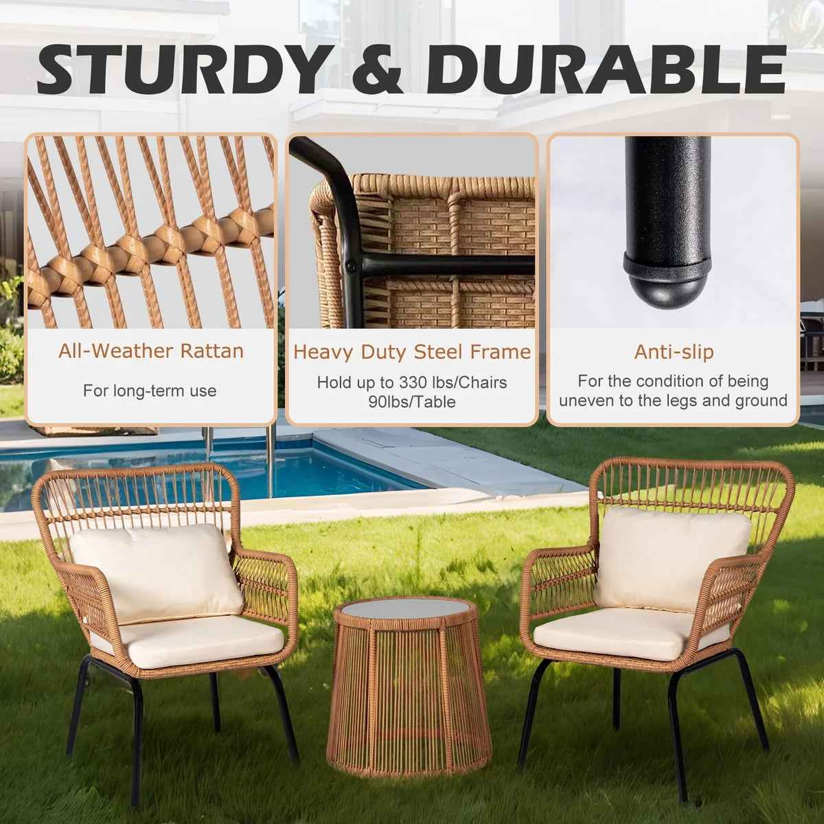 Nouveauté 2026 – Ensemble bistro de conversation 3 pièces Tappio pour patio, mobilier de jardin en rotin, table basse en verre et coussins, jaune/beige, idéal pour le jardin, le balcon, la terrasse ou la piscine