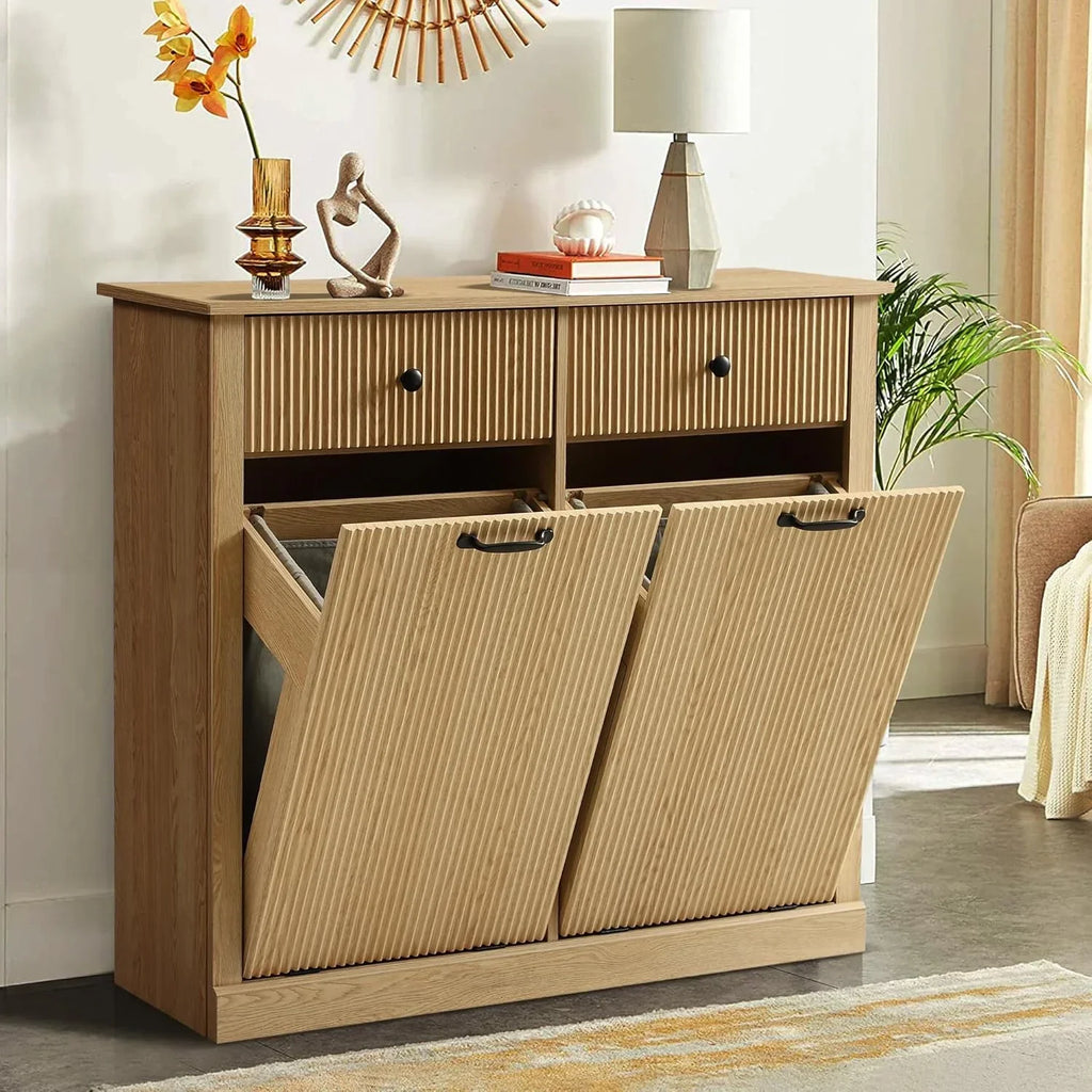 Nouveauté 2026 – Armoire à linge double basculante Haverchair , meuble poubelle moderne cannelé avec tiroir, meuble poubelle dissimulé en bois pour cuisine et salle de bain