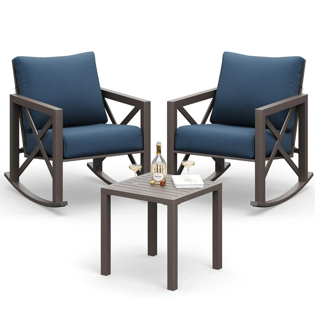 Nouveauté 2026 – Ensemble bistro MRUAKA , 3 pièces, comprenant 2 fauteuils à bascule et 1 table basse en métal avec coussins épais, idéal pour véranda, jardin ou bord de piscine, couleur beige