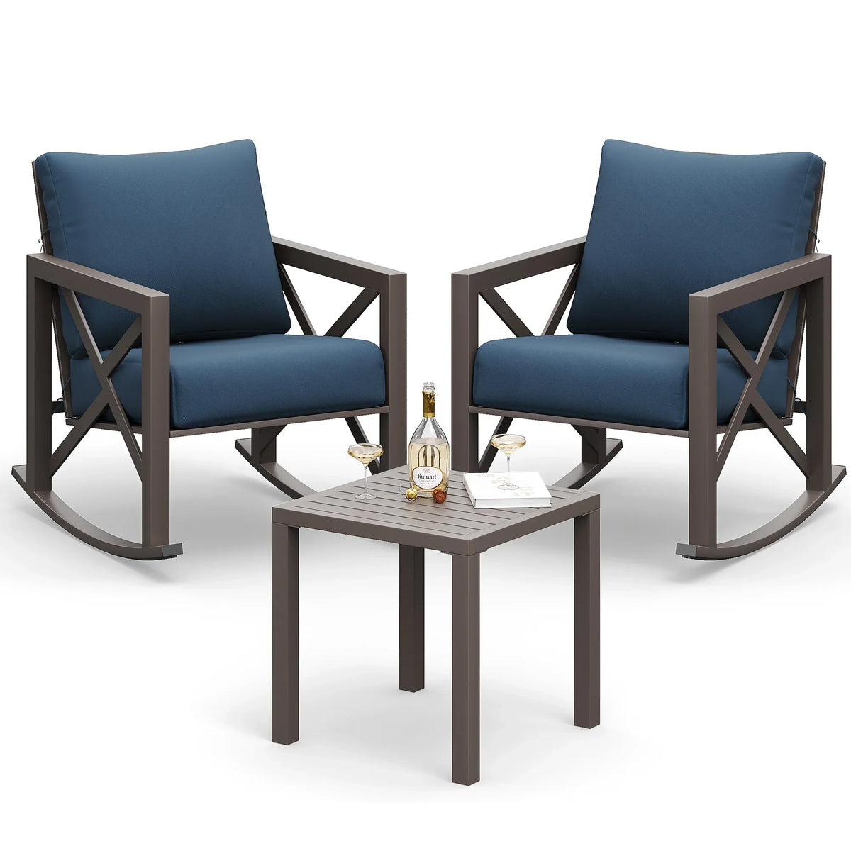 Nouveauté 2026 – Ensemble bistro MRUAKA , 3 pièces, comprenant 2 fauteuils à bascule et 1 table basse en métal avec coussins épais, idéal pour véranda, jardin ou bord de piscine, couleur beige