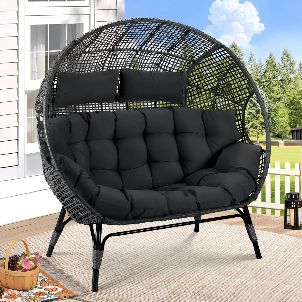 Nouveauté 2026 – Fauteuil double œuf RADIATA pour 2 personnes, canapé deux places surdimensionné en résine tressée avec coussins épais, capacité de 308 kg, fauteuil de jardin/terrasse fixe pour intérieur/extérieur, balcon, jardin, beige