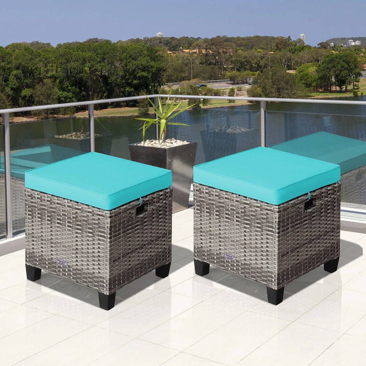 Nouveauté 2026 – Costway Ensemble de 2 poufs de patio rembourrés en rotin, repose-pieds et table turquoise