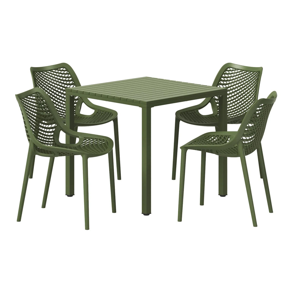 Nouveauté 2026 – Ensemble de salle à manger d'extérieur WestinTrends Playa 5 pièces avec table et chaises empilables, structure en métal, vert olive