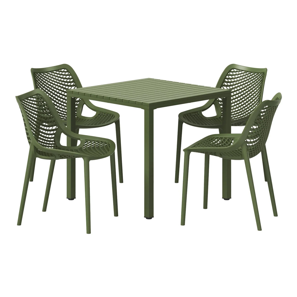 Nouveauté 2026 – Ensemble de salle à manger d'extérieur WestinTrends Playa 5 pièces avec table et chaises empilables, structure en métal, vert olive